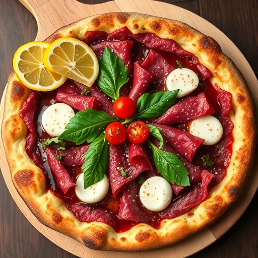 Gourmet Beef Carpaccio Pizza Recipe A gourmet beef carpaccio pizza topped with arugula and Parmesan on a wooden board with lemon wedges.